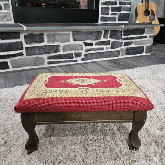 Vintage Solid Wood Footstool Ottoman with Flower Needlepoint Top - Picture 2 of 4